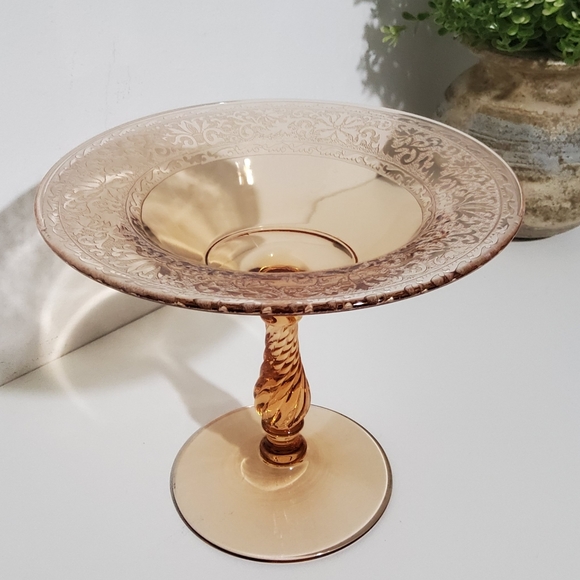 Vintage Fostoria Royal Etched Amber Glass Compote - Picture 2 of 8